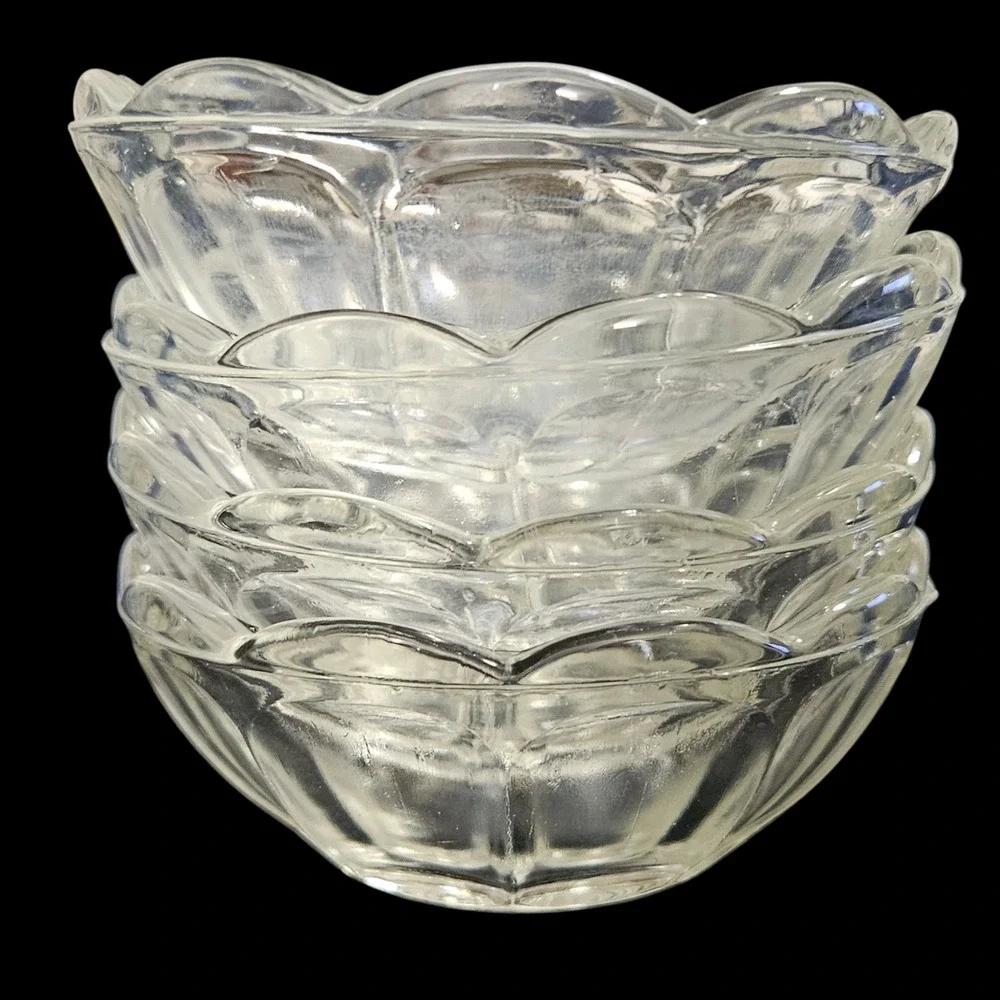 Vintage Clear Depression Glass Dessert Bowls Set of 4 Scalloped Paneled